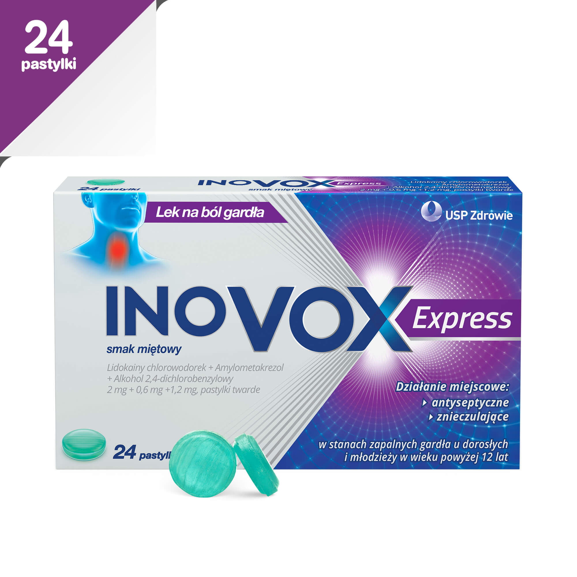 Inovox Express pastylki do ssania łagodzące ból gardła o smaku miętowym, 24 szt.