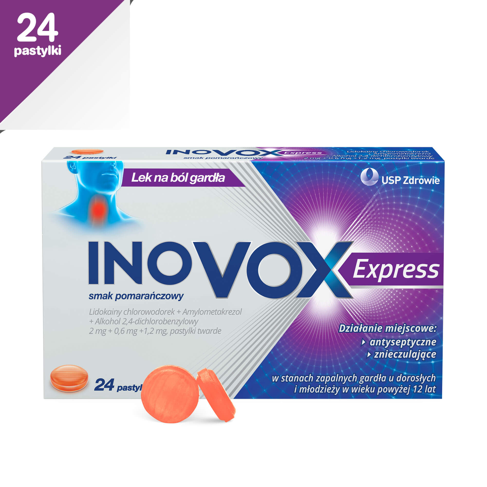 Inovox Express, pastylki do ssania łagodzące ból gardła o smaku pomarańczowym, 24 szt.