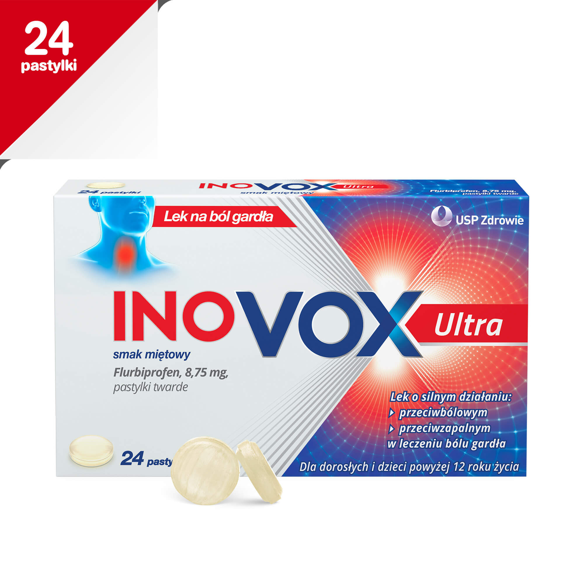Inovox Ultra pastylki przeciwb&oacute;lowe o smaku miętowym, 24 szt.