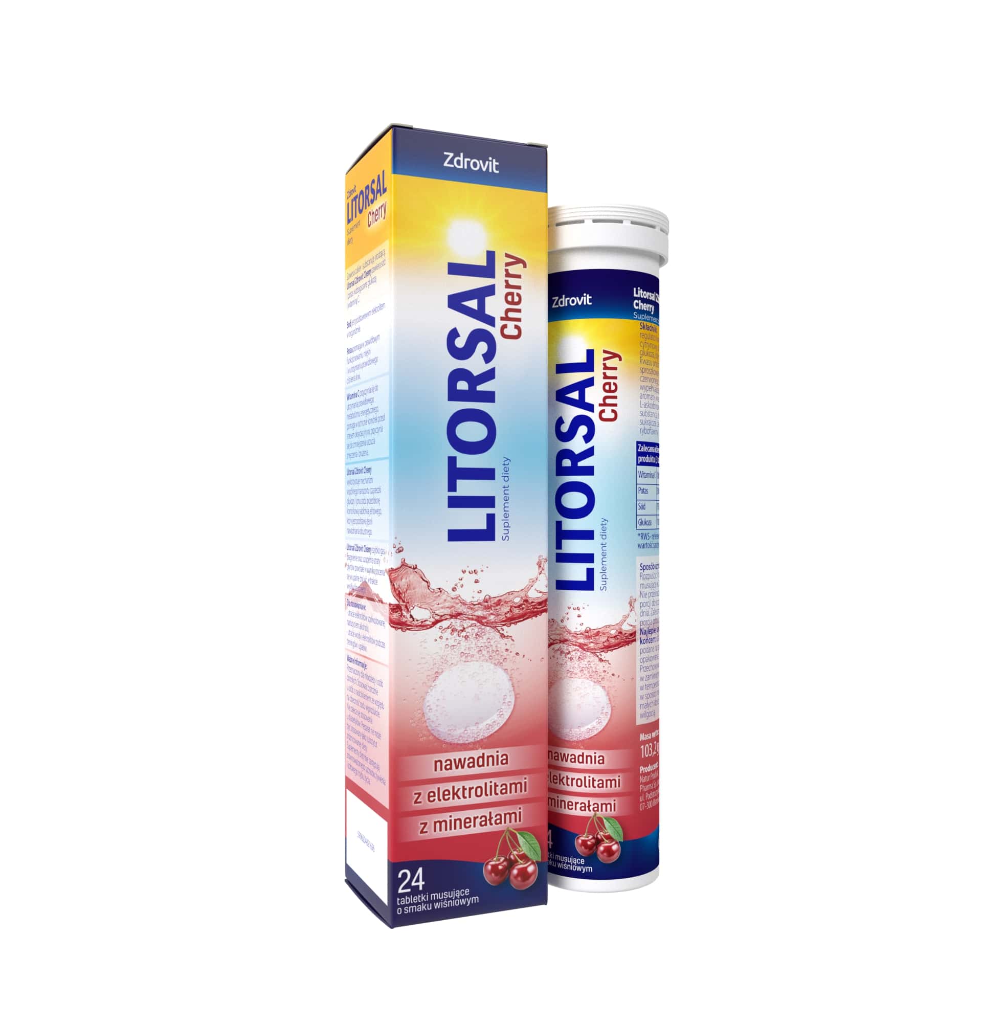 Litorsal Zdrovit Cherry  tabletki musujące z elektrolitami i minerałami o smaku wiśniowym, 24 szt. 