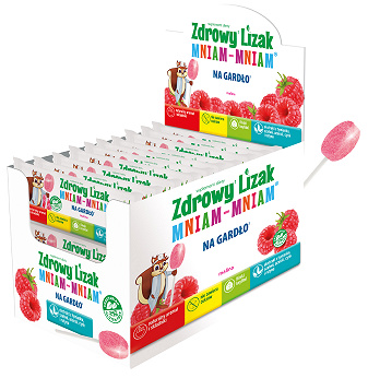 Zdrowy Lizak Mniam-Mniam Na Gardło , zawiera wyciąg z tymianku, szałwii, aceroli, witaminę C i D oraz cynk i rutynę o smaku malinowym, 40 szt.