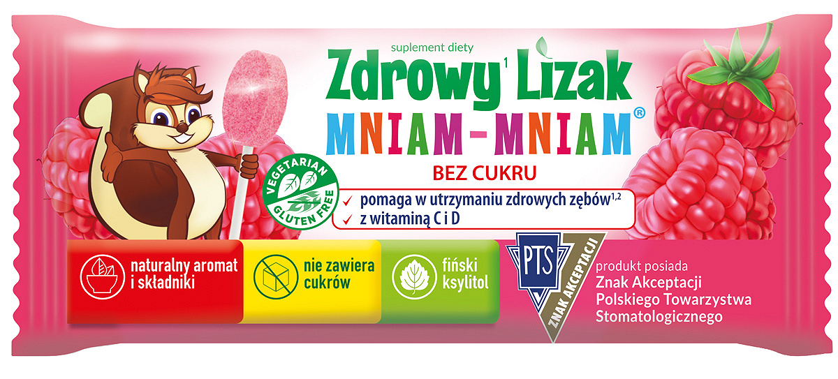 Zdrowy Lizak Mniam-Mniam, wzbogacony o witaminę C i D o smaku malinowym, 1 szt.