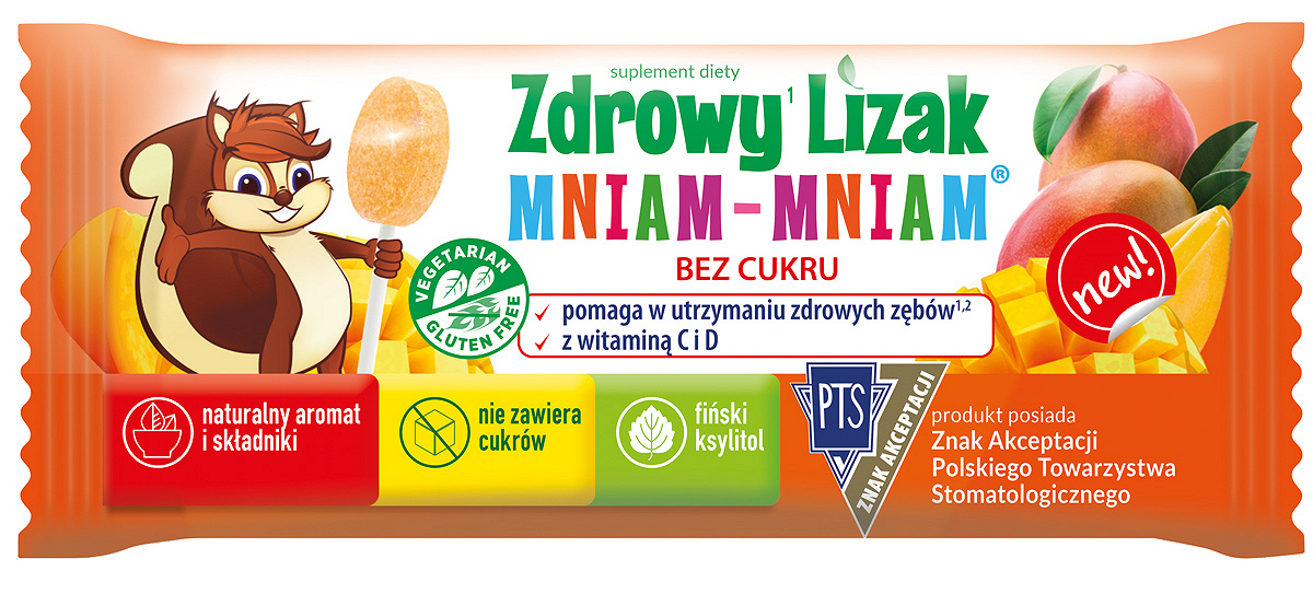 Zdrowy Lizak Mniam-Mniam, zawiera 12 witamin i 2 minerały o smaku mango, 1 szt.