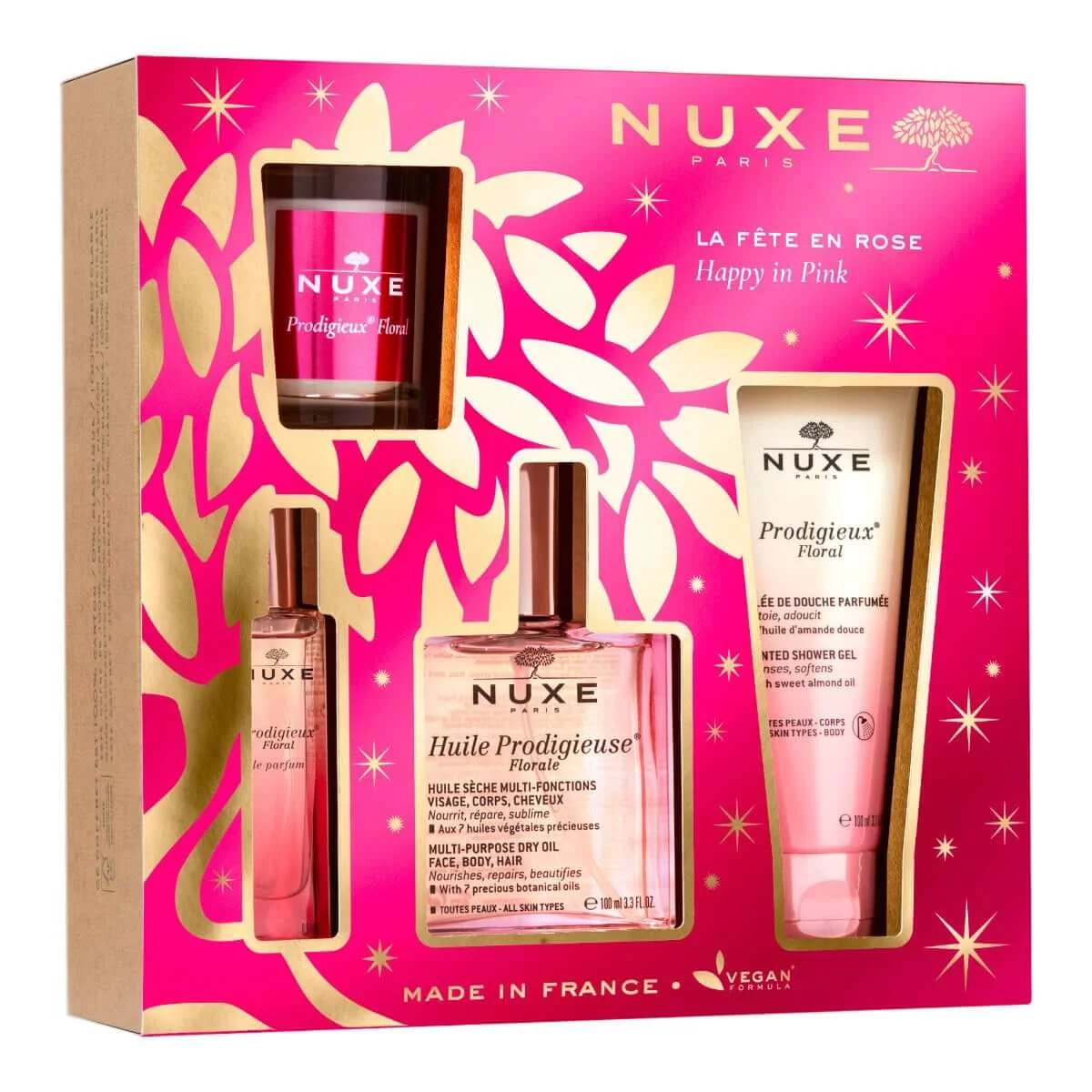 NUXE POLSKA NUXE Prodigieux Florale, zestaw: olejek pielęgnacyjny – 100 ml, żel pod prysznic – 100 ml, perfumy – 15 ml, świeca zapachowa – 70 g — Składniki i ocena