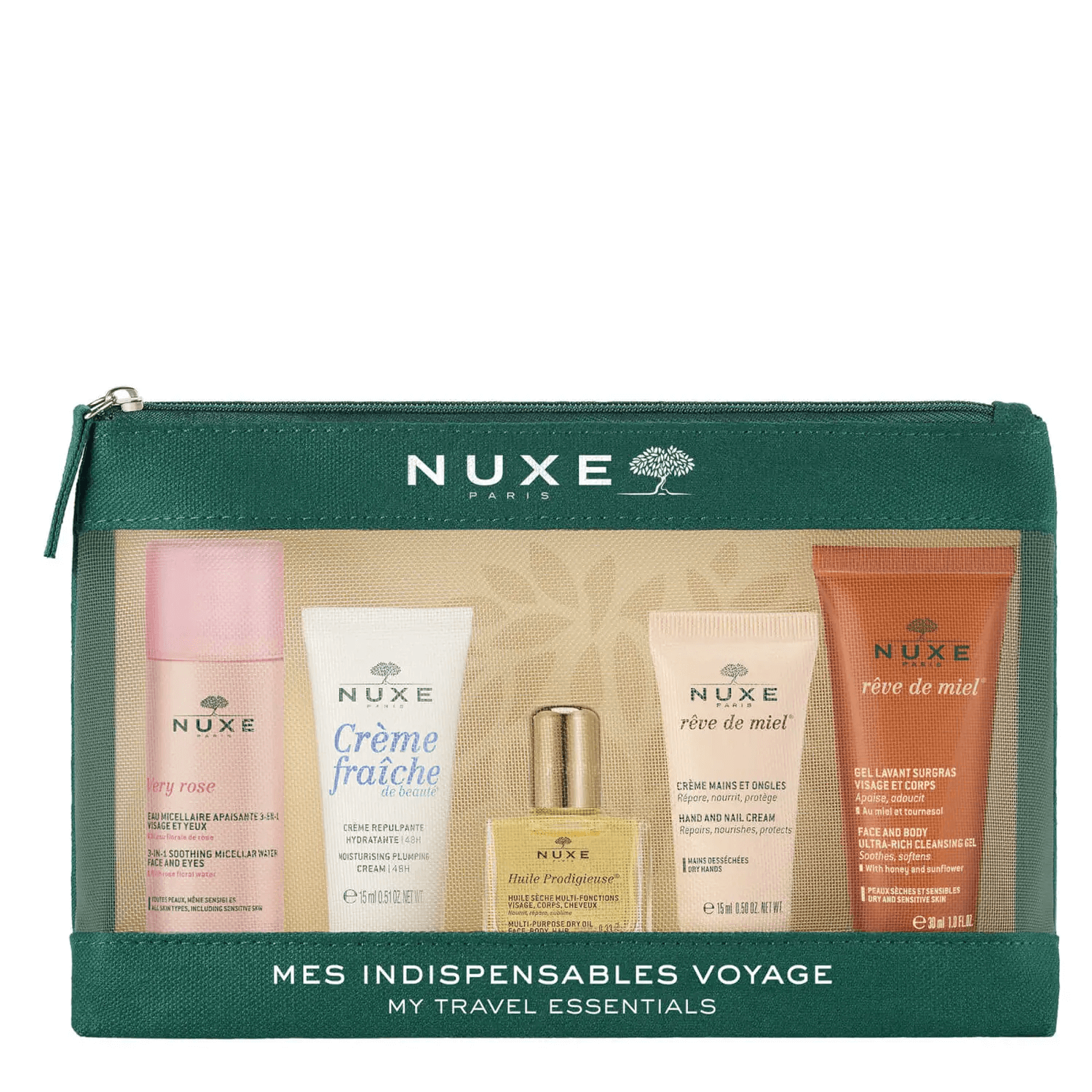 NUXE POLSKA NUXE Kosmetyczka podróżna Travel kit, zestaw: Very Rose woda miceralna - 40 ml, Huile Prodigieuse olejek - 10 ml, Reve de Miel żel - 30 ml, Creme Fraiche de beaute krem nawilżający - 15 ml, Reve de Miel krem do rąk - 15 ml