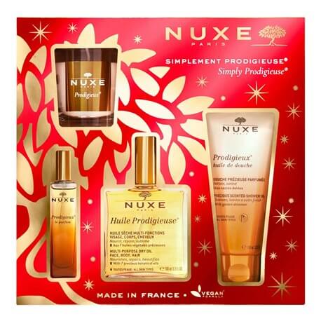 NUXE POLSKA NUXE  Prodigieux, zestaw: Huile Prodigieuse® Suchy olejek – 100 ml, Prodigieux® Olejek pod prysznic - 100 ml, NUXE Perfumy PRODIGIEUX - 50 ml,  świeca zapachowa — Składniki i ocena
