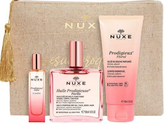 NUXE POLSKA NUXE Prodigieux Floral, zestaw subtelne perfumy 15 ml, suchy olejek 50 ml, olejek pod prysznic 100 ml, kosmetyczka — Składniki i ocena