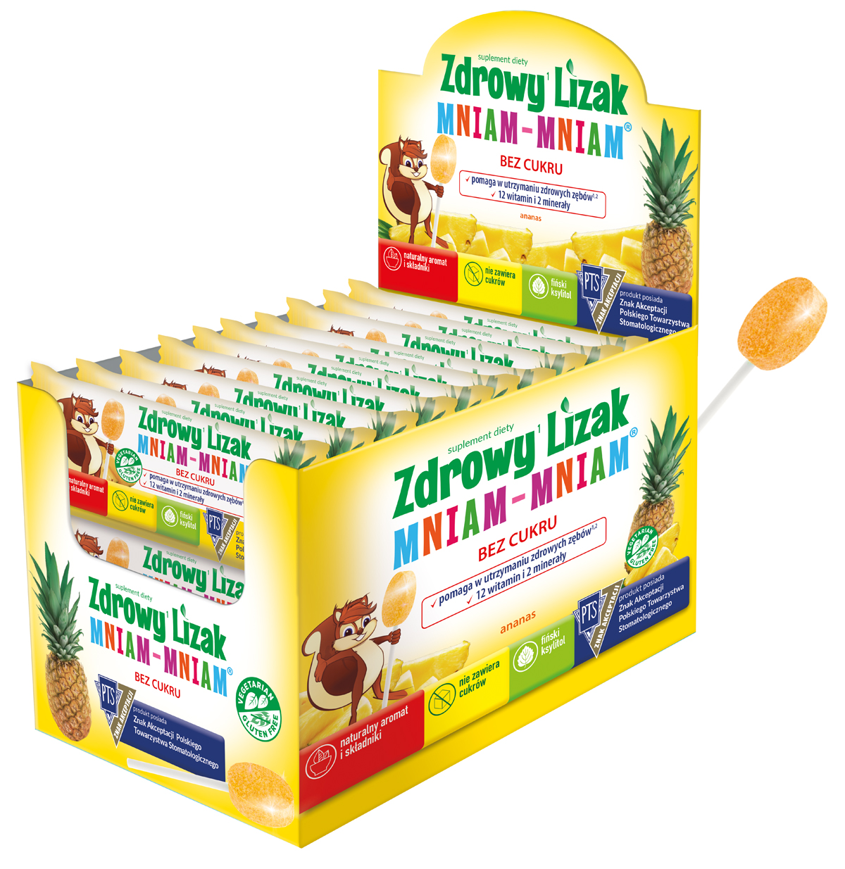 Zdrowy Lizak Mniam-Mniam, zawiera 12 witamin i 2 minerały o smaku ananasowym, 40 szt.