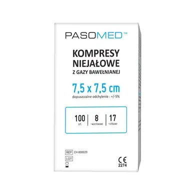 PASO Kompresy niejałowe, z gazy bawełnianej, 17- nitkowe, 8-warstwowe, 7,5 x 7,5 cm,  100 szt.