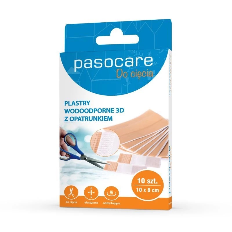 Pasocare  plaster wodoodporny z opatrunkiem 3D do cięcia, o wymiarach 10 x 8 cm, 10 szt.