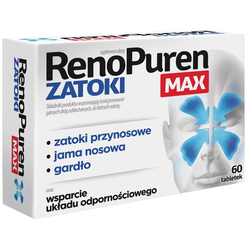 RenoPuren Zatoki Max tabletki ze składnikami wspierającymi w bólu zatok, 60 szt.