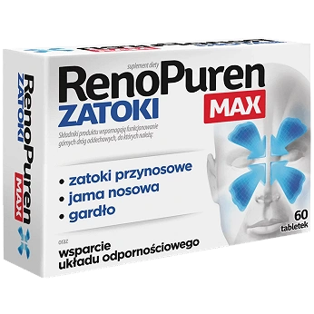 RenoPuren Zatoki Max, tabletki ze składnikami wspierającymi w bólu zatok, 60 szt.