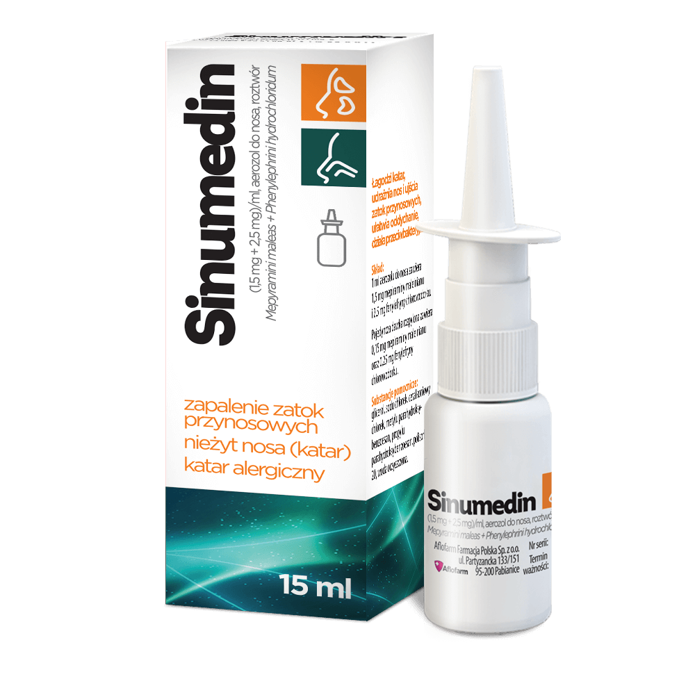 Sinumedin , aerozol do nosa na zapalenia zatok, katar, również alergiczny, 15 ml