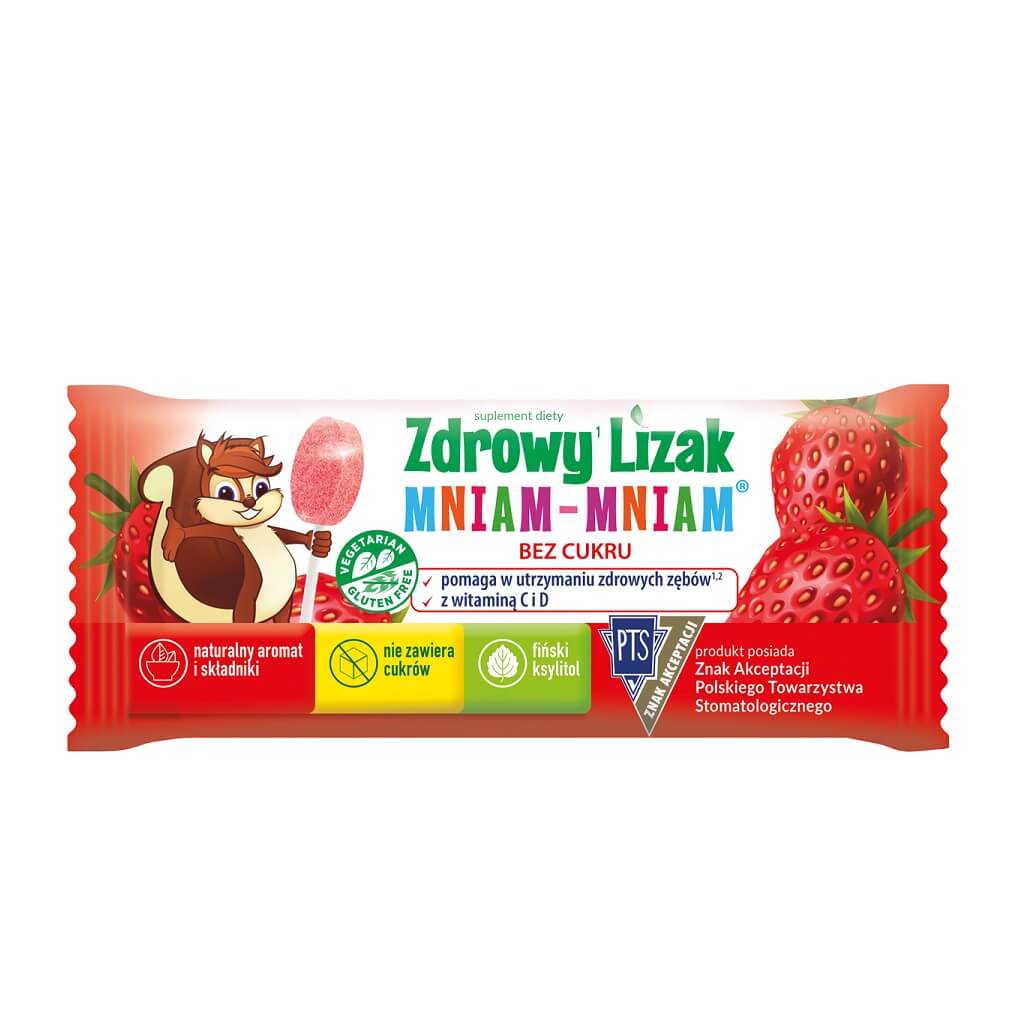 Zdrowy Lizak Mniam-Mniam, wzbogacony o witaminy D i C o smaku truskawkowym, 1 szt.