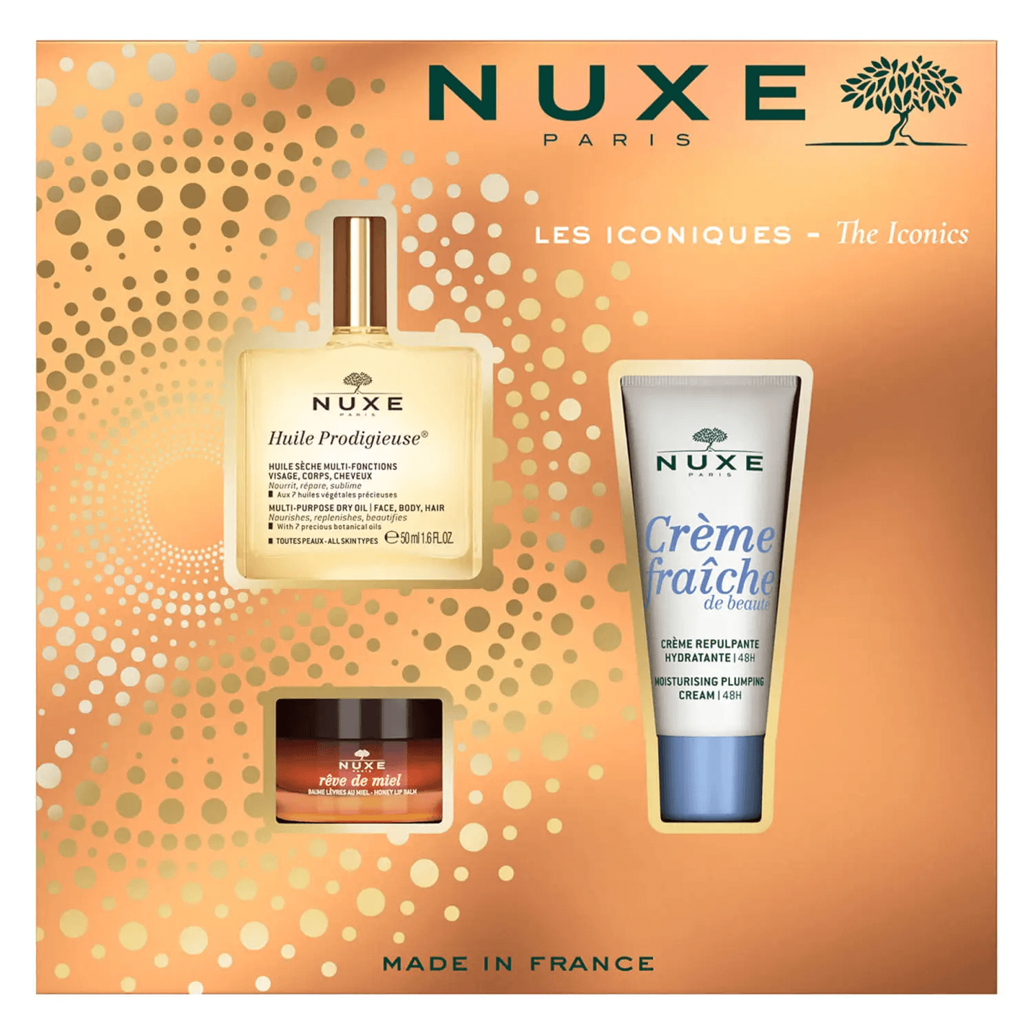 NUXE Les Iconiques, zestaw: olejek pielęgnacyjny – 50 ml, krem nawilżający – 30 ml, balsam do ust – 15 g