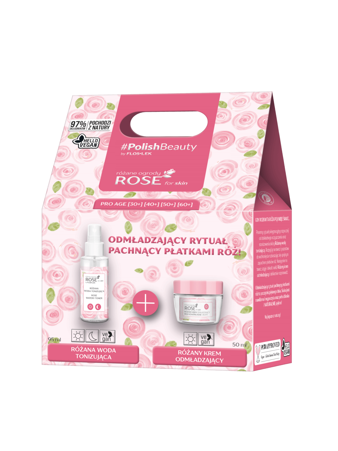 FLOSLEK Flos-Lek Rose for skin, zestaw: różana woda tonizująca – 95 ml + różany krem odmładzający – 50 ml